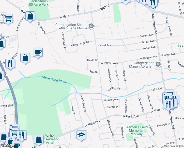 map of restaurants, bars, coffee shops, grocery stores, and more near 5 Ash Street in Eatontown