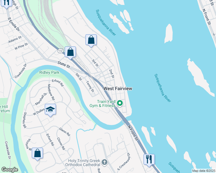 map of restaurants, bars, coffee shops, grocery stores, and more near in West Fairview