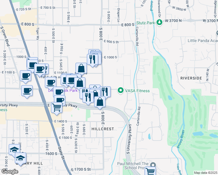 map of restaurants, bars, coffee shops, grocery stores, and more near 839 1200 South in Orem