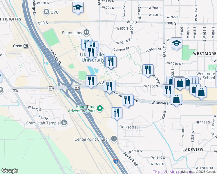 map of restaurants, bars, coffee shops, grocery stores, and more near 705 West 1200 South Street in Orem