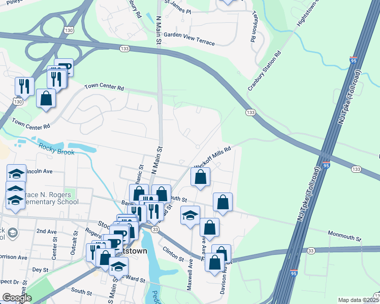 map of restaurants, bars, coffee shops, grocery stores, and more near 212 Mill Run Court in Hightstown