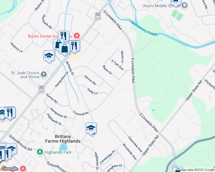map of restaurants, bars, coffee shops, grocery stores, and more near 132 Hampshire Drive in Chalfont