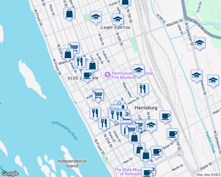 map of restaurants, bars, coffee shops, grocery stores, and more near 1735 Logan Street in Harrisburg