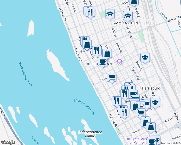 map of restaurants, bars, coffee shops, grocery stores, and more near 1909 N Front St in Harrisburg