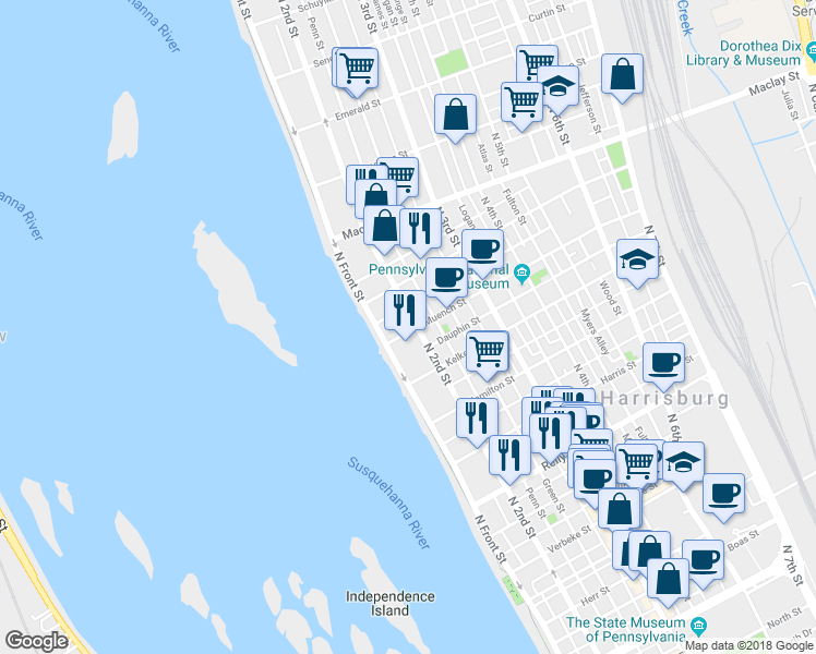 map of restaurants, bars, coffee shops, grocery stores, and more near 1900 North 2nd Street in Harrisburg
