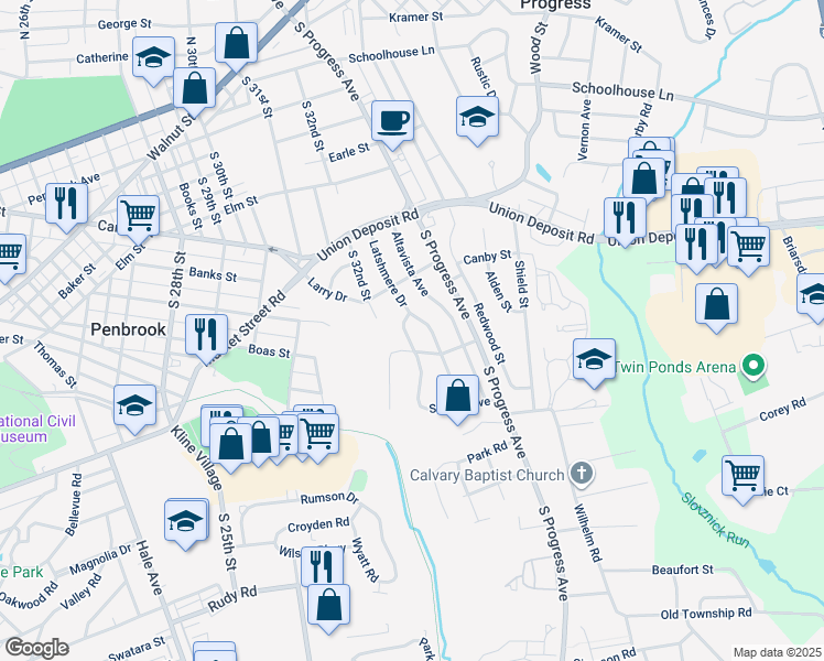 map of restaurants, bars, coffee shops, grocery stores, and more near 516 Sandra Avenue in Harrisburg
