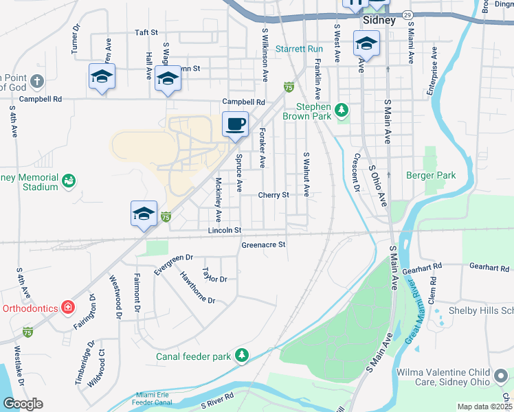 map of restaurants, bars, coffee shops, grocery stores, and more near 916 Spruce Avenue in Sidney