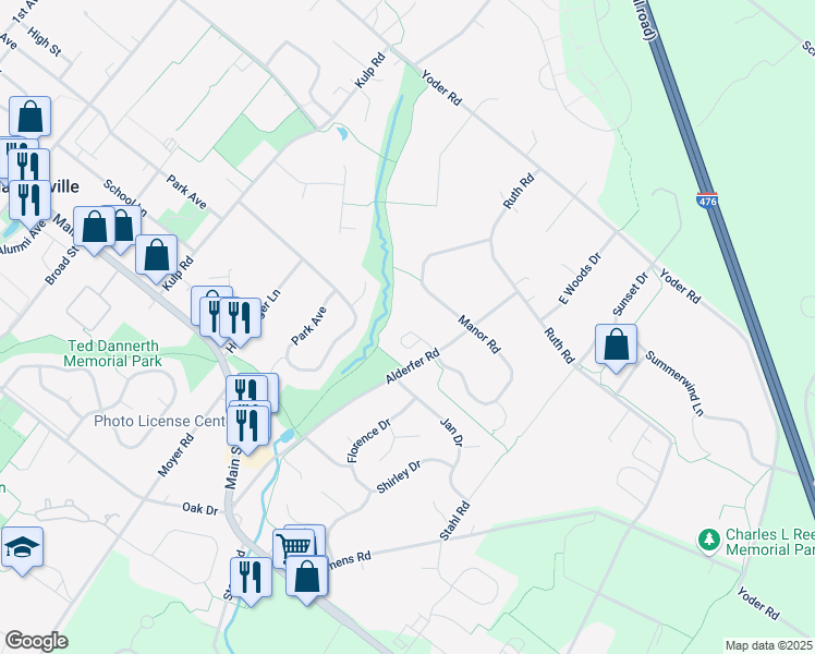 map of restaurants, bars, coffee shops, grocery stores, and more near 367 Manor Circle in Harleysville
