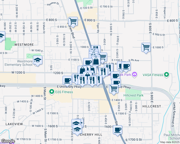 map of restaurants, bars, coffee shops, grocery stores, and more near 347 1200 South in Orem