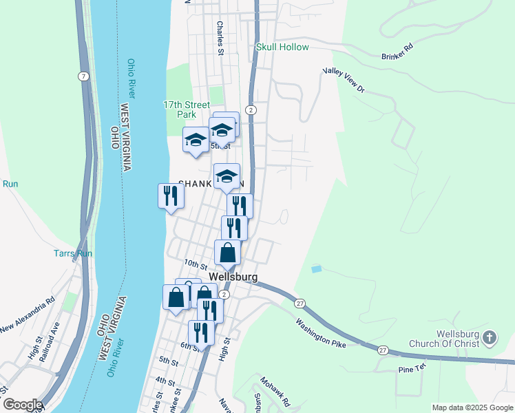 map of restaurants, bars, coffee shops, grocery stores, and more near 1200-1222 Commerce St in Wellsburg