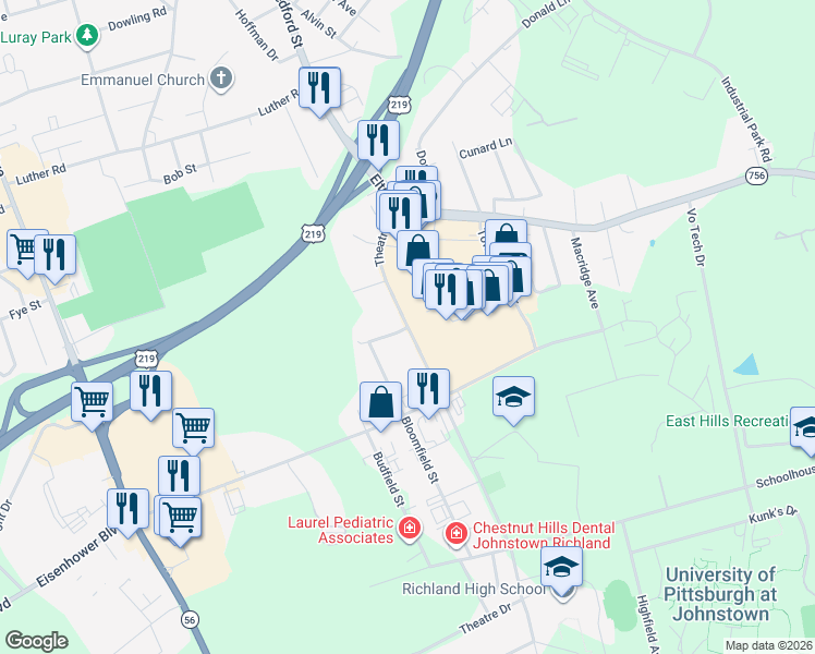 map of restaurants, bars, coffee shops, grocery stores, and more near 117 Canfield Avenue in Johnstown