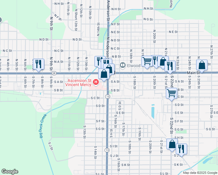 map of restaurants, bars, coffee shops, grocery stores, and more near 1500 South B Street in Elwood