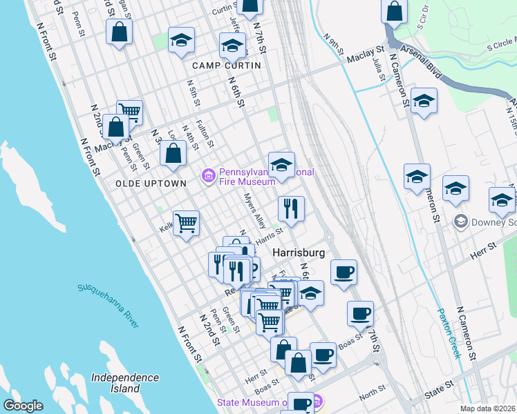 map of restaurants, bars, coffee shops, grocery stores, and more near 1625 North 5th Street in Harrisburg