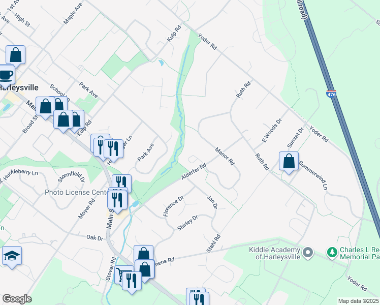 map of restaurants, bars, coffee shops, grocery stores, and more near 357 Manor Circle in Harleysville
