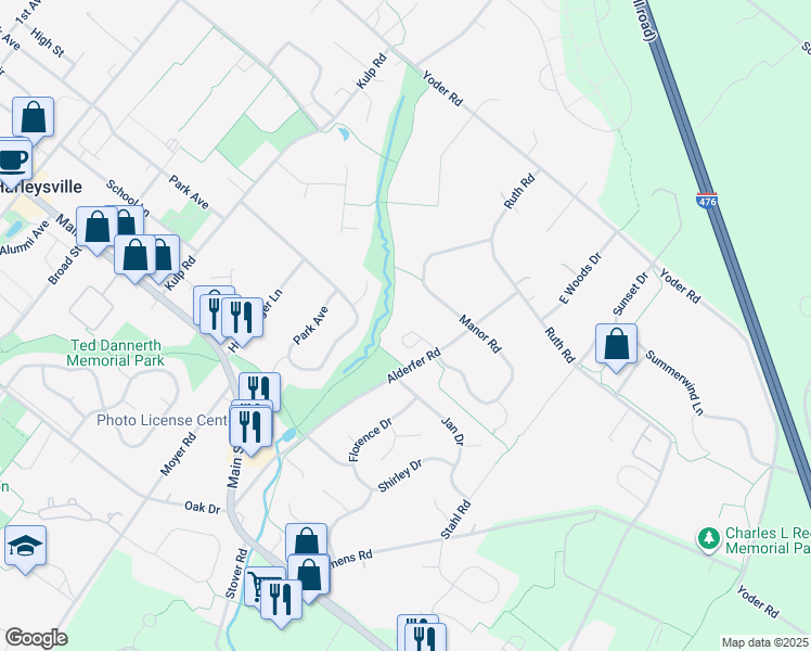 map of restaurants, bars, coffee shops, grocery stores, and more near 367 Manor Circle in Harleysville