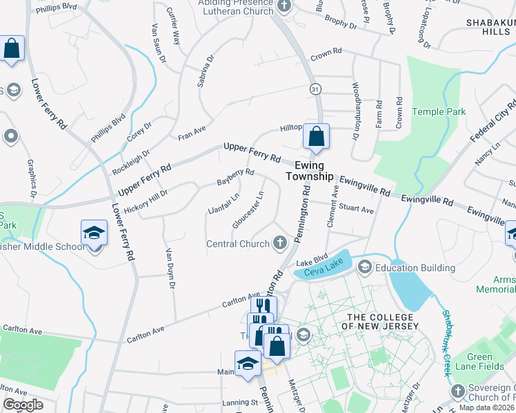map of restaurants, bars, coffee shops, grocery stores, and more near 10 Gloucester Lane in Ewing Township
