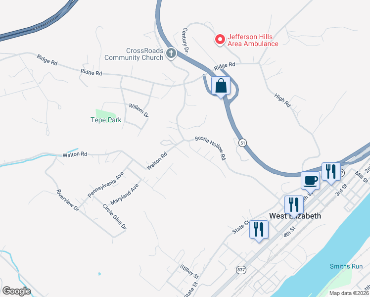map of restaurants, bars, coffee shops, grocery stores, and more near 3012 Hogback Road in Finleyville