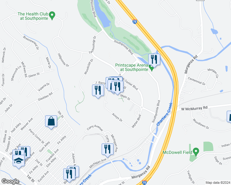 map of restaurants, bars, coffee shops, grocery stores, and more near 1800 Main Street in Canonsburg