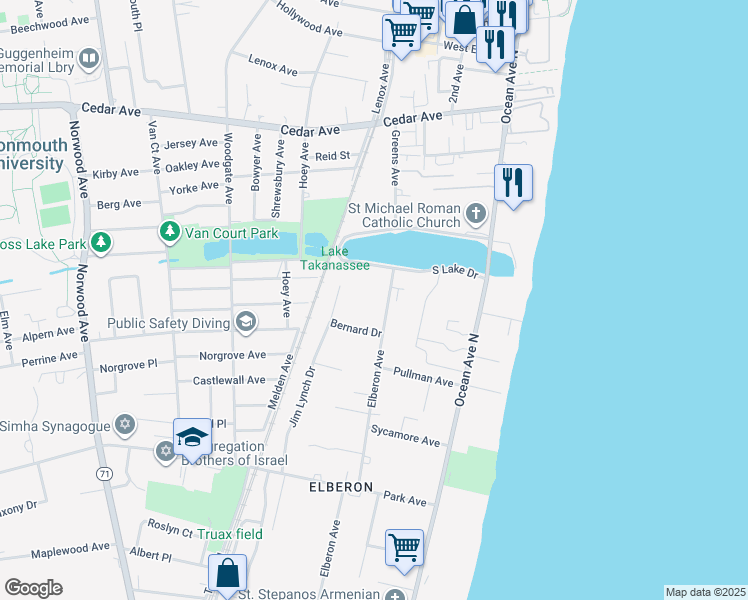 map of restaurants, bars, coffee shops, grocery stores, and more near 876 Elberon Avenue in Long Branch