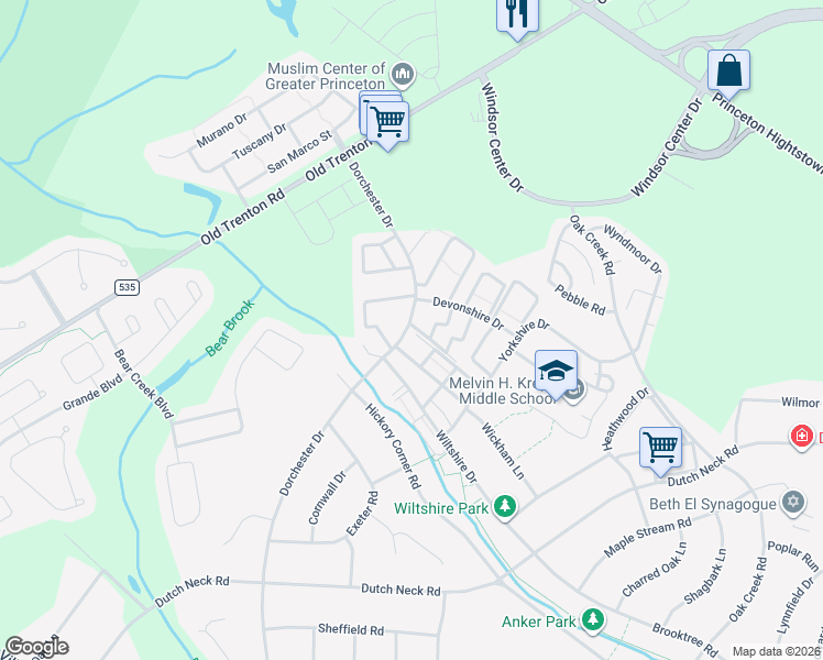 map of restaurants, bars, coffee shops, grocery stores, and more near 74 Princeton Arms South in East Windsor