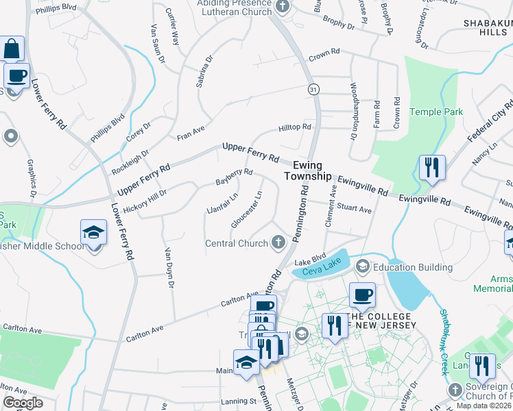 map of restaurants, bars, coffee shops, grocery stores, and more near 10 Gloucester Lane in Ewing Township