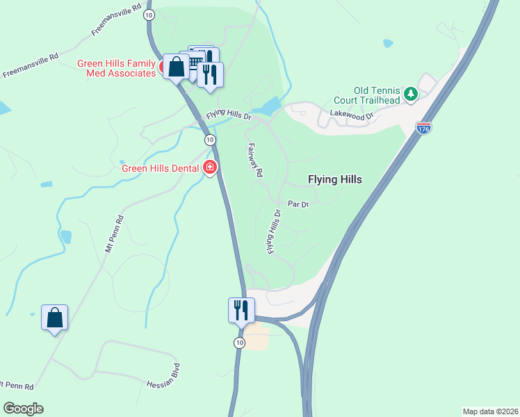 map of restaurants, bars, coffee shops, grocery stores, and more near 36 Muirfield Drive in Reading