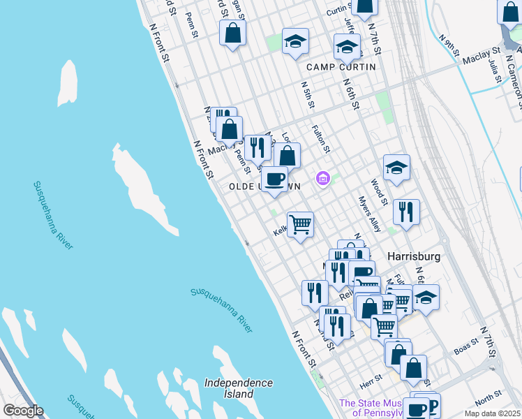 map of restaurants, bars, coffee shops, grocery stores, and more near 1827 North 2nd Street in Harrisburg