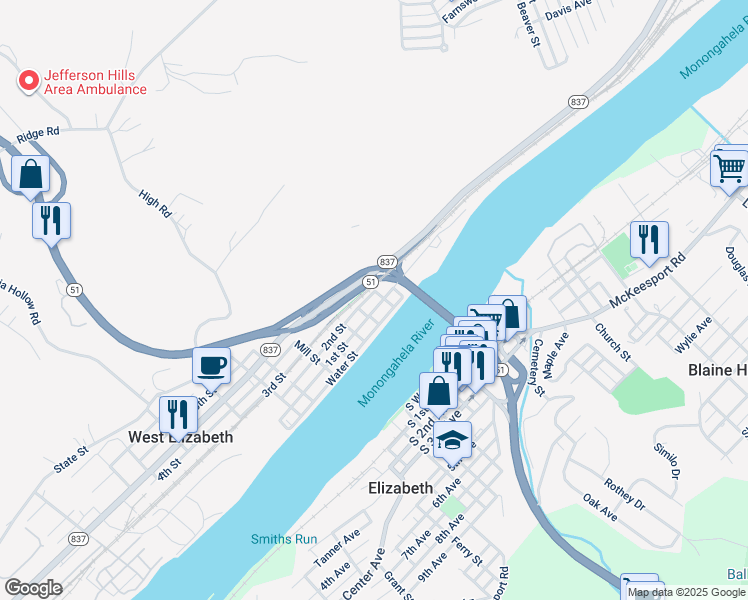 map of restaurants, bars, coffee shops, grocery stores, and more near 322 South 1st Avenue in Elizabeth