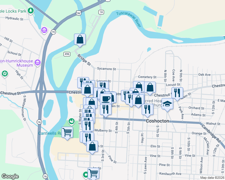map of restaurants, bars, coffee shops, grocery stores, and more near in Coshocton