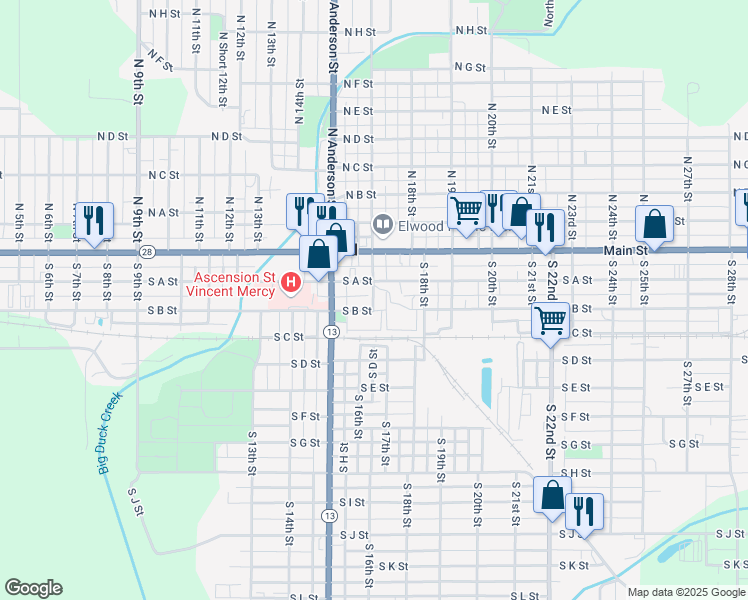map of restaurants, bars, coffee shops, grocery stores, and more near in Elwood
