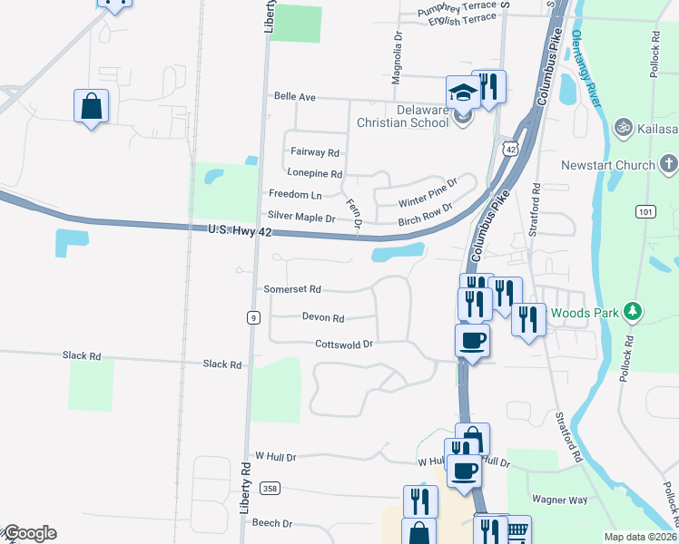 map of restaurants, bars, coffee shops, grocery stores, and more near 134 Somerset Road in Delaware