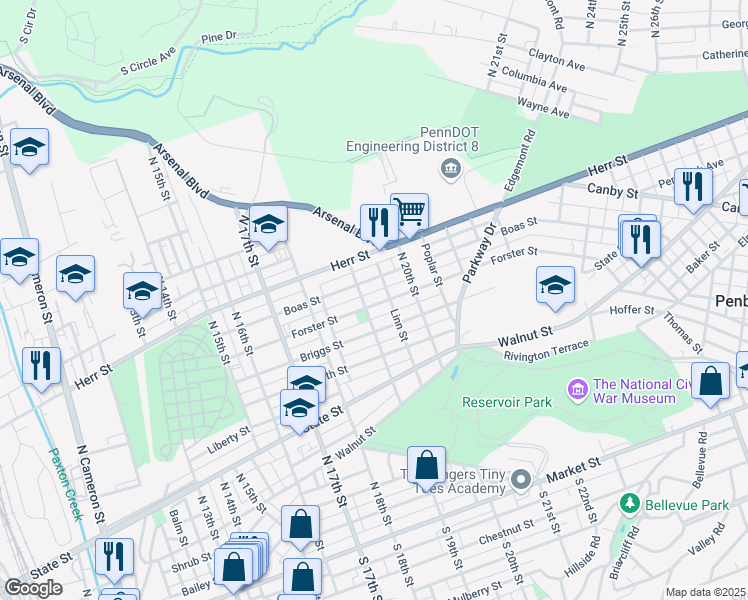 map of restaurants, bars, coffee shops, grocery stores, and more near 1908 Forster Street in Harrisburg