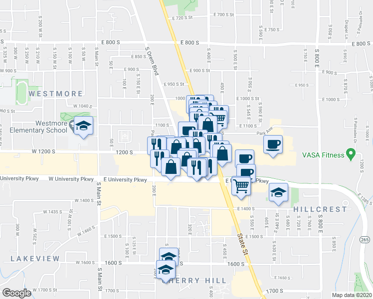 map of restaurants, bars, coffee shops, grocery stores, and more near 347 1200 South in Orem