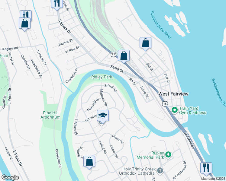 map of restaurants, bars, coffee shops, grocery stores, and more near 9 East Glenwood Drive in Camp Hill