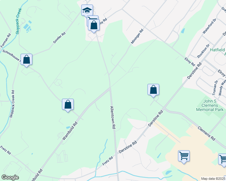 map of restaurants, bars, coffee shops, grocery stores, and more near 3579 Allentown Road in Souderton