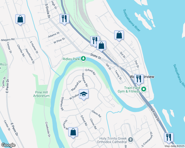 map of restaurants, bars, coffee shops, grocery stores, and more near 722 Erford Road in Camp Hill