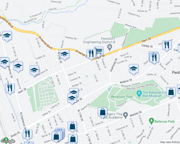 map of restaurants, bars, coffee shops, grocery stores, and more near 1910 Forster Street in Harrisburg