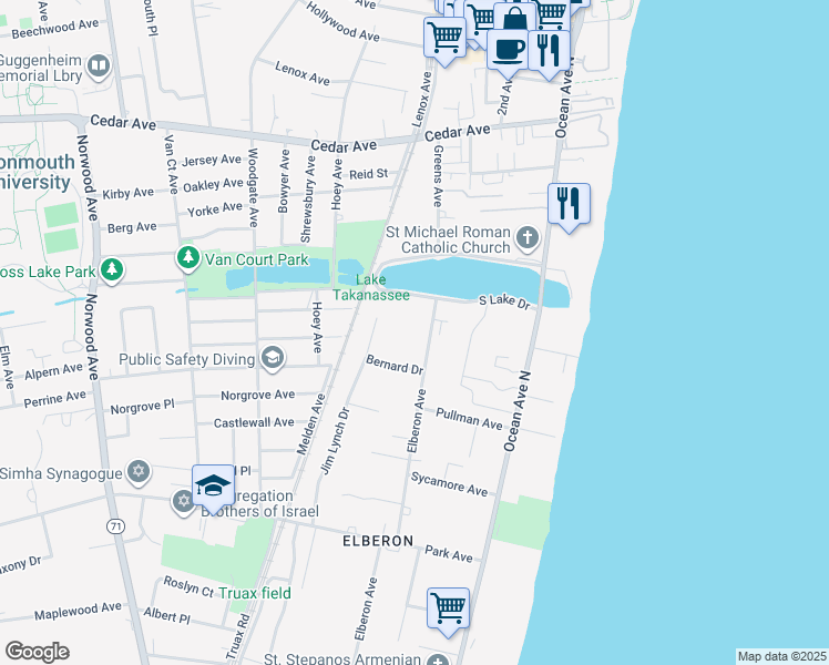 map of restaurants, bars, coffee shops, grocery stores, and more near 876 Elberon Avenue in Long Branch