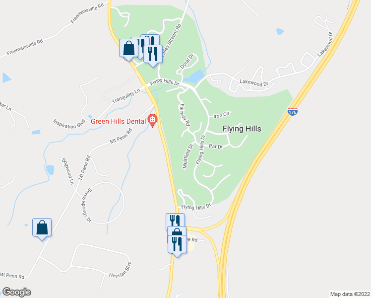map of restaurants, bars, coffee shops, grocery stores, and more near 15 Muirfield Drive in Reading