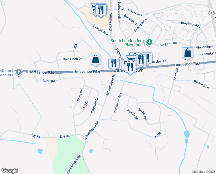 map of restaurants, bars, coffee shops, grocery stores, and more near 127 Schoolhouse Road in Palmyra