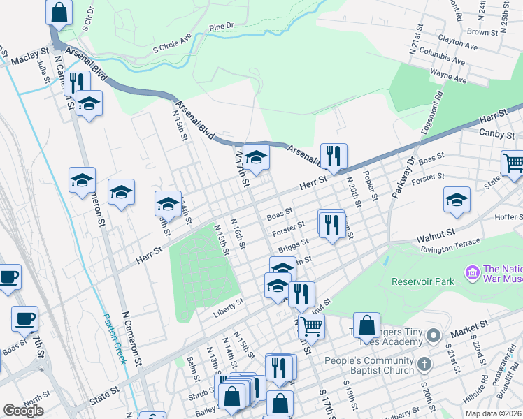 map of restaurants, bars, coffee shops, grocery stores, and more near 1618 Boas Street in Harrisburg