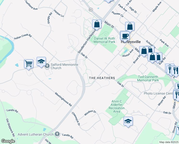 map of restaurants, bars, coffee shops, grocery stores, and more near 527 Spring Hill Drive in Harleysville