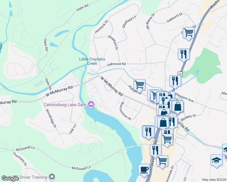 map of restaurants, bars, coffee shops, grocery stores, and more near 249 West McMurray Road in Canonsburg