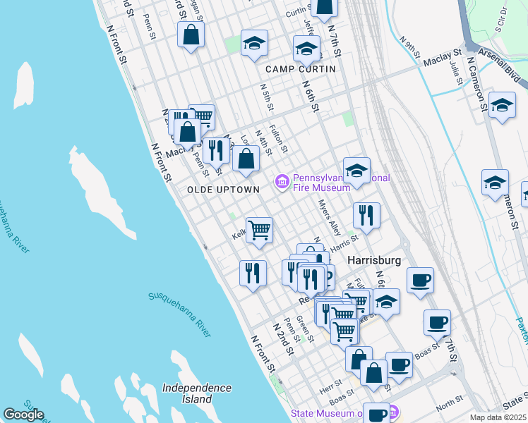 map of restaurants, bars, coffee shops, grocery stores, and more near 1808 North 3rd Street in Harrisburg
