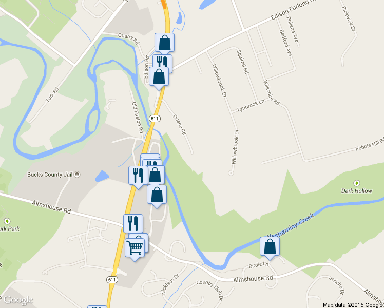 map of restaurants, bars, coffee shops, grocery stores, and more near 98 Duane Road in Doylestown