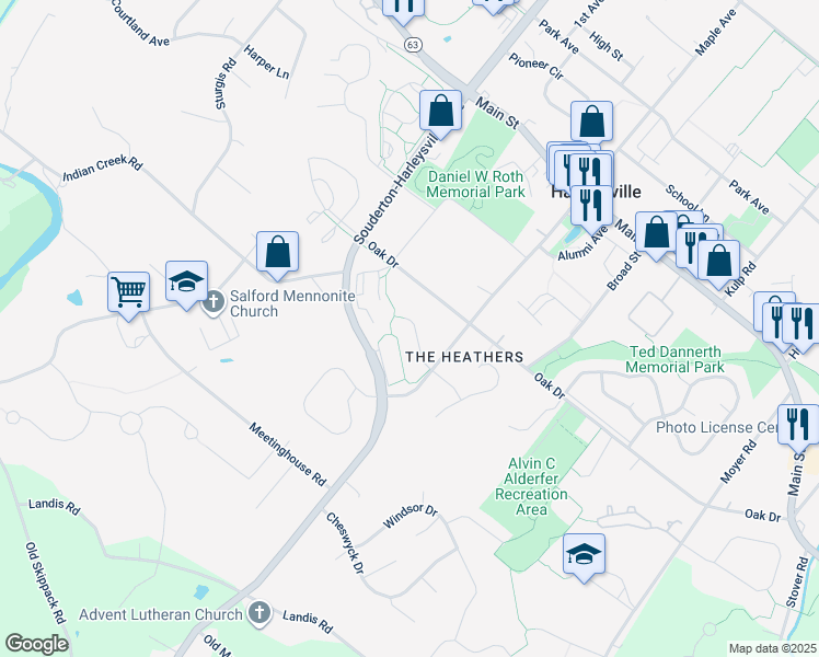 map of restaurants, bars, coffee shops, grocery stores, and more near 527 Spring Hill Drive in Harleysville