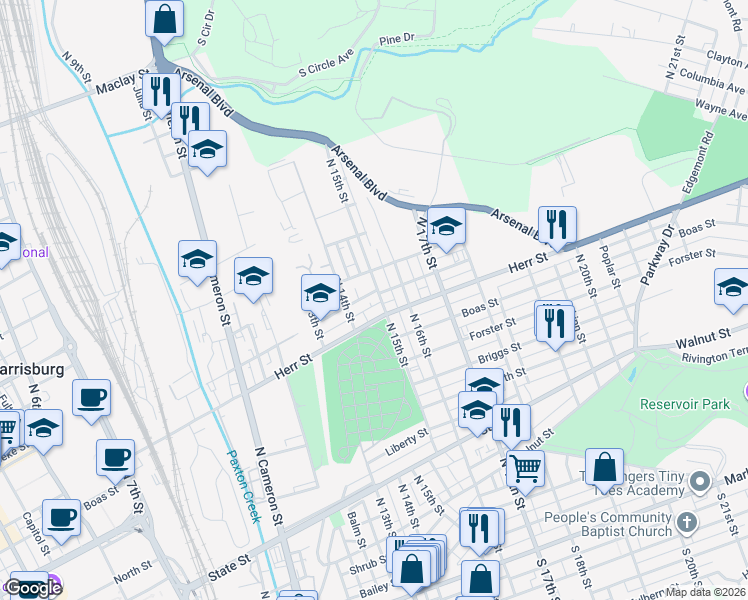 map of restaurants, bars, coffee shops, grocery stores, and more near 1120 North 15th Street in Harrisburg