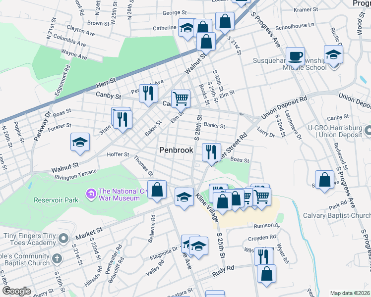 map of restaurants, bars, coffee shops, grocery stores, and more near 2751 Boas Street in Harrisburg