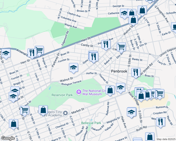 map of restaurants, bars, coffee shops, grocery stores, and more near 2309 Hoffer Street in Harrisburg