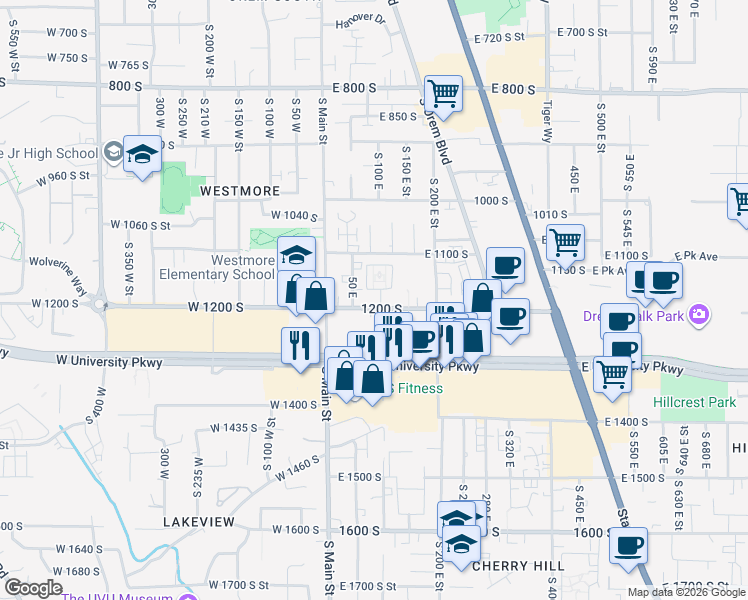 map of restaurants, bars, coffee shops, grocery stores, and more near 95 1200 South in Orem